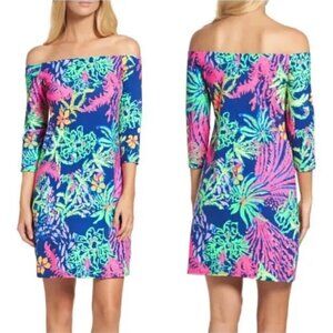 Lilly Pulitzer Laurana Dress S Off the Shoulder Sleeves Indigo All a Glow Floral
